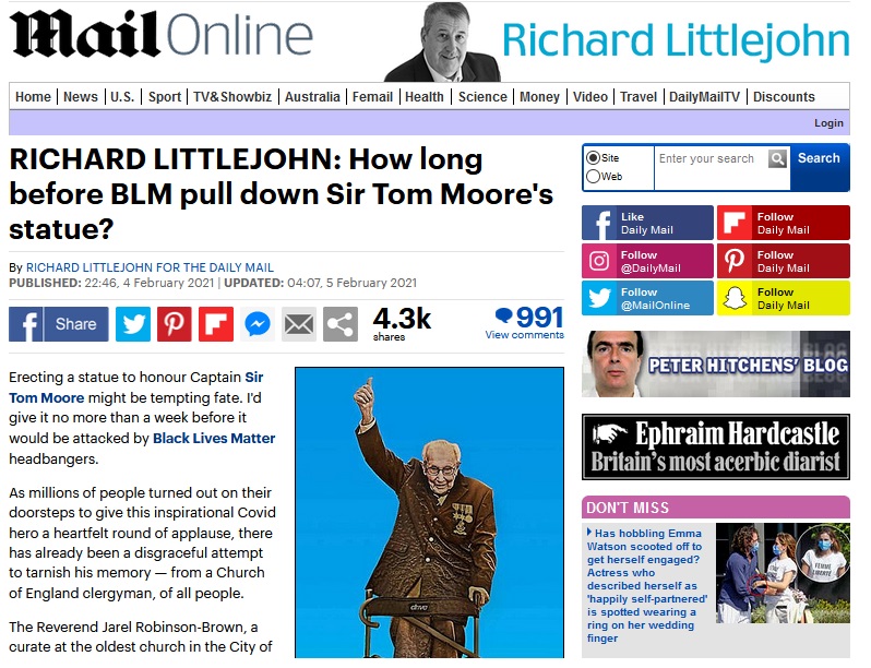 Richard Littlejohn - How long before BLM pull down Captain Tom Moore's statue?