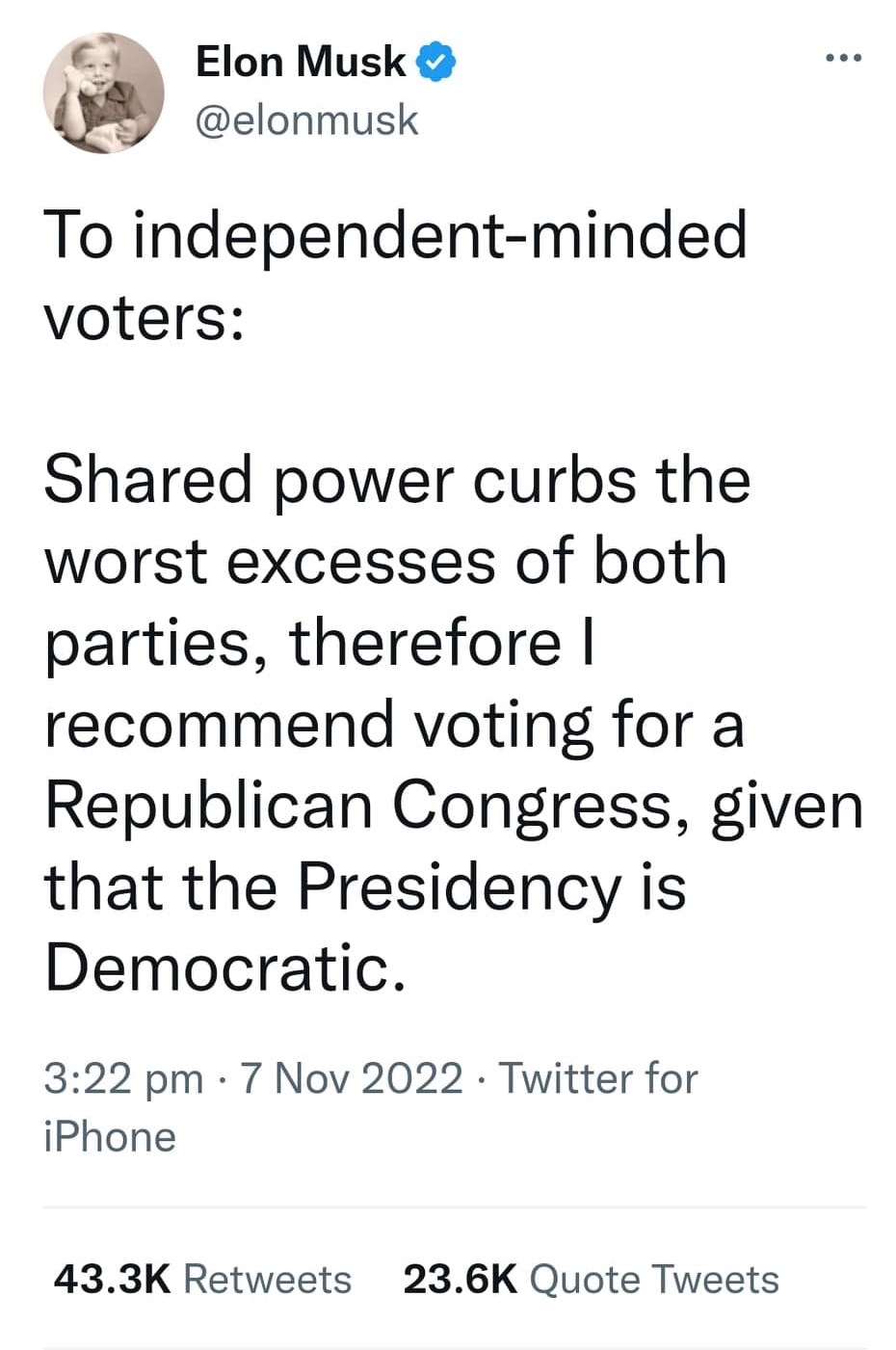 To independent-minded voters:  Shared power curbs the worst excesses of both parties, therefore I recommend voting for a Republican Congress, given that the Presidency is Democratic.