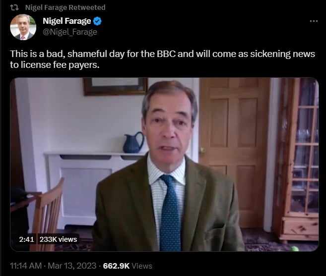 Farage tweet - This is a bad shameful day for the BBC and will come as sickening news to licence fee payers