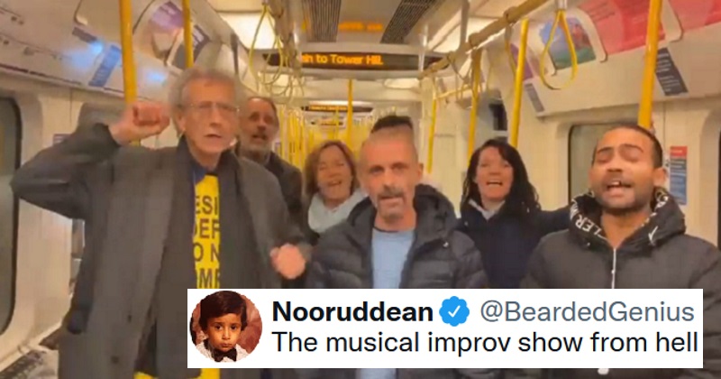 Piers Corbyn flash-mobbed a London train with an anti-mask song about farts