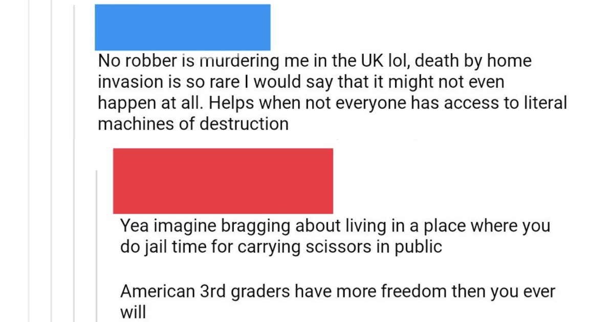 An American trolled Brits for their lack of freedoms and ended up schooled into next year